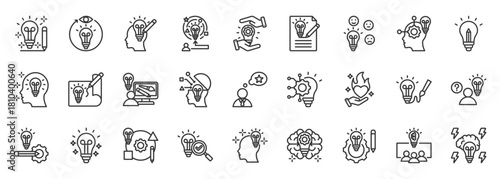 creativity icon set collection in outline style. icon pack contain idea, imagine, inspire, design, create, invent, vision, dream, brainstorm, innovate icon