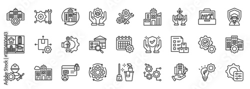 facility management icon set collection in outline style. icon pack contain building, maintenance, asset, service, operation, security, cleaning, utility, space, energy icon