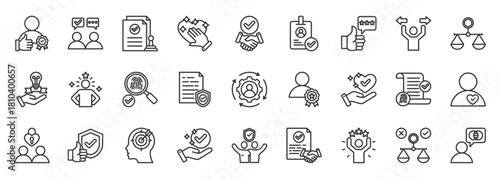 credibility icon set collection in outline style. icon pack contain trust, honesty, reliable, integrity, repute, proof, valid, authentic, verify, corroborate icon