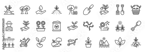 gardening icon set collection in outline style. icon pack contain plant, soil, water, seed, grow, flower, leaf, vegetable, lawn mower, tree icon