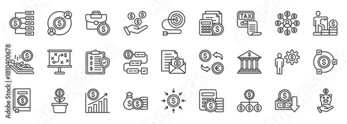 financial planning icon set collection in outline style. icon pack contain budget, savings, investment, income, salary, currency exchange, liability, cashflow, fundraise, strategy icon