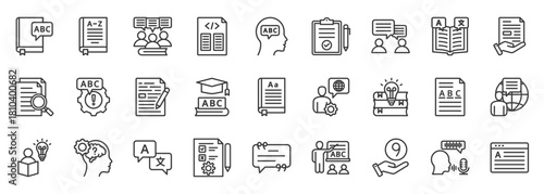 grammar icon set collection in outline style. icon pack contain vocabulary, foreign language, morphology, dialect, syntax rules, voice, language, lesson, article usage, writing icon