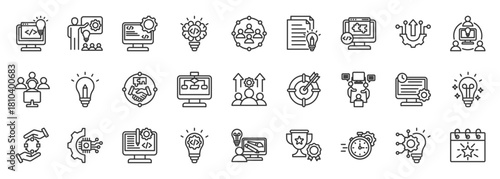 hackaton icon set collection in outline style. icon pack contain code, team, idea, innovate, build, brief, create, pitch, timing, algorithm icon