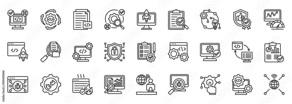 Obraz premium software testing icon set collection in outline style. icon pack contain testing, debug, quality, verify, script, deployment, coverage, implementation, automate, user icon