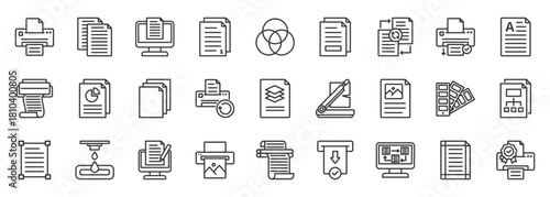 print icon set collection in outline style. icon pack contain inkjet, paper, copy, output, queue, duplex, page, format, layout, template icon