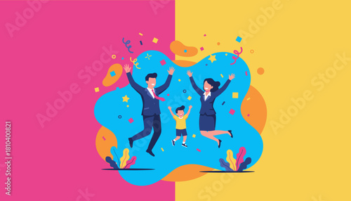 Successful business parents and child jump in celebration Achievement and happiness concept