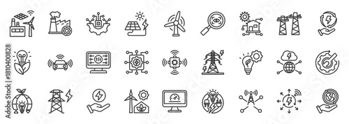 smart grid icon set collection in outline style. icon pack contain energy, grid, network, power, electric, flow, factories, monitoring, technology, wind turbine icon