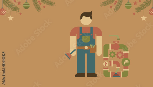 Holiday plumbing maintenance illustration Plumber ready for Christmas season repairs