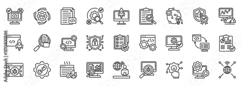 software testing icon set collection in outline style. icon pack contain testing, debug, quality, verify, script, deployment, coverage, implementation, automate, user icon