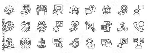 support icon set collection in outline style. icon pack contain help, assist, service, care, guide, advice, aid, solve, contact, support icon