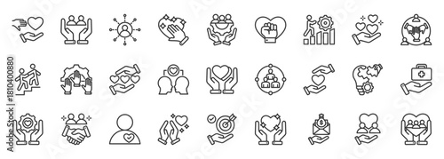volunteering icon set collection in outline style. icon pack contain help, aid, care, give, unity, service, support, action, humanity, kindness icon