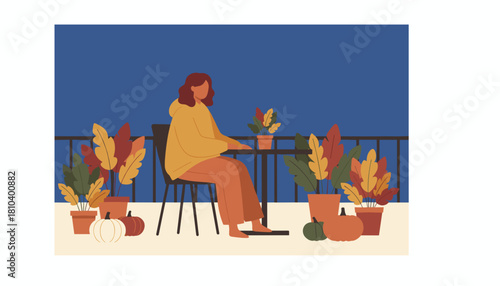 Cozy woman relaxing on an autumn balcony patio decorated with pumpkins and seasonal plants
