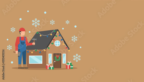 Contractor decorating or fixing a festive house during winter snowfall Home maintenance and holiday service