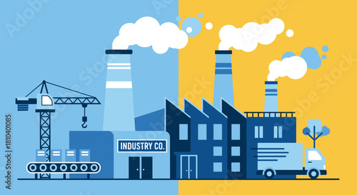 Industrial factory vector illustration Manufacturing plant crane smokestacks production line and logistics