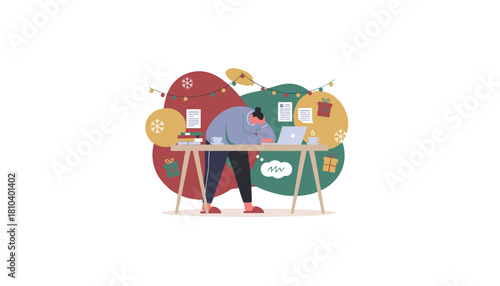 Overworked employee stressed by holiday deadlines and Christmas season tasks