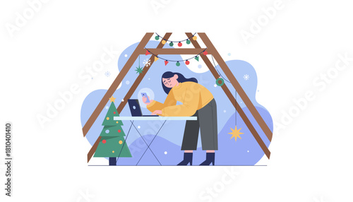 Stressed woman working remotely during Christmas distracted by phone in a festive outdoor booth