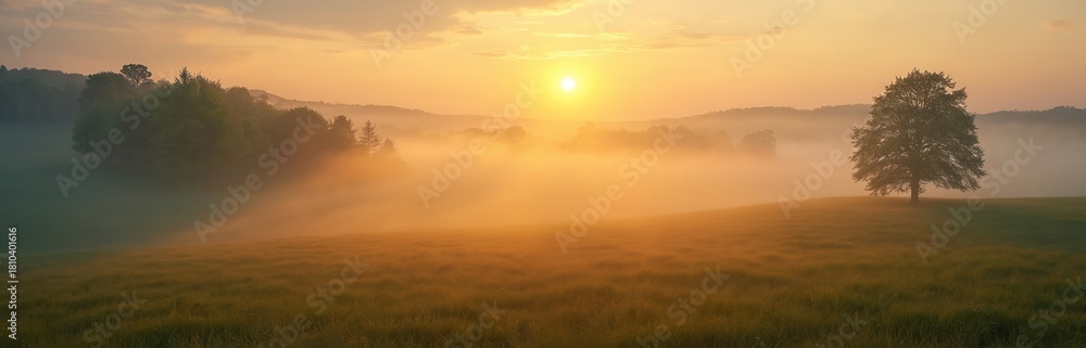 Fototapeta premium Golden sunrise illuminates misty meadow with forest hills in background. A lone tree stands on the right side of the grassy field. The sunbeam shines through fog creating peaceful natural scene.