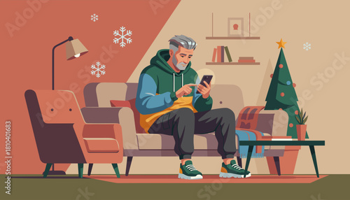 Mature man uses smartphone on sofa in Christmas living room Digital holiday communication