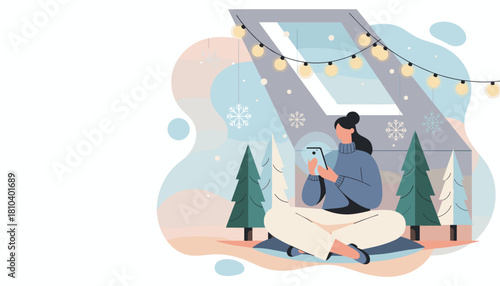 Woman uses phone in a cozy attic during winter surrounded by holiday decorations and trees