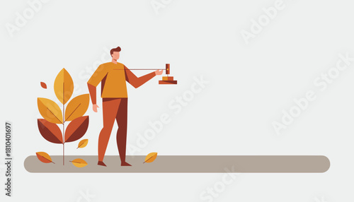 Man measuring environmental balance with a scale and autumn leaves Sustainability concept