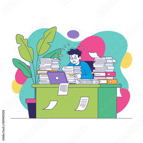 Stressed office worker overwhelmed by massive paperwork and heavy workload Deadline and bureaucracy concept