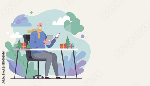 Senior man shopping online for Christmas gifts using tablet and phone at his desk