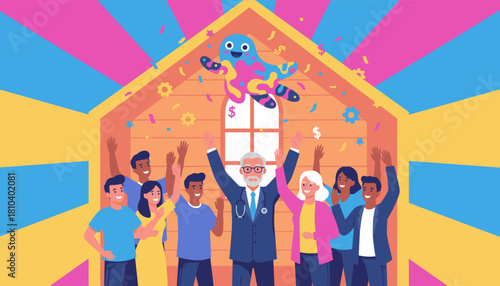 Diverse group celebrates success with a doctor and colorful mascot in a vibrant house setting