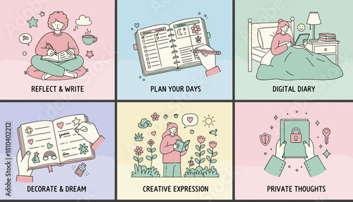 Set of vector illustrations covering journaling daily planning reflection selfcare and mental wellness