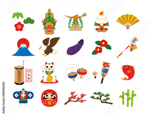 お正月の縁起物シンプルなベクターイラストセット1