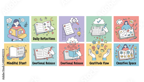 Handdrawn illustrations of journaling for mental health creativity reflection and emotional release