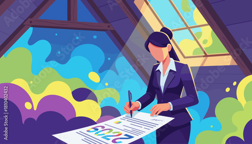 Businesswoman reviews 202Z report in a creative attic workspace
