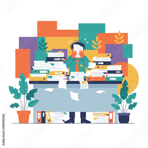 Overwhelmed worker drowning in paperwork stress chaos and workload concept