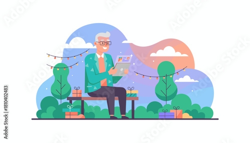 Smiling senior man sits in a festive park setting using a tablet computer surrounded by gift boxes