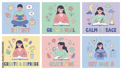 Illustrations of journaling for mental wellness reflection creativity gratitude healing and setting goals