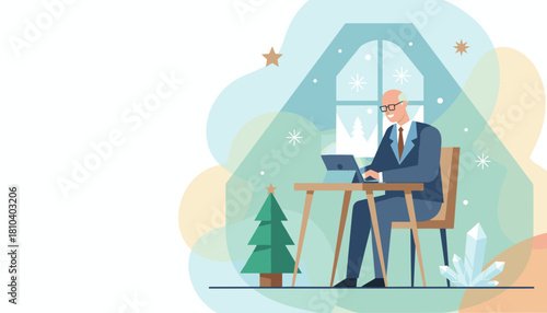 Senior businessman working remotely on a tablet during the cozy winter holiday season