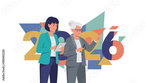 Two businesswomen plan future goals for the year 2026 Corporate strategy and analysis illustration