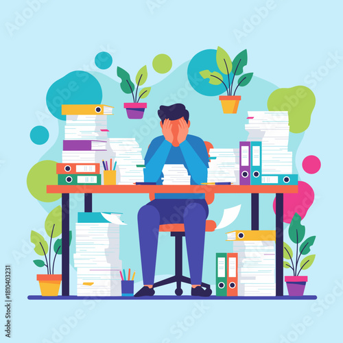Stressed worker overwhelmed by massive paperwork and office workload Corporate burnout concept