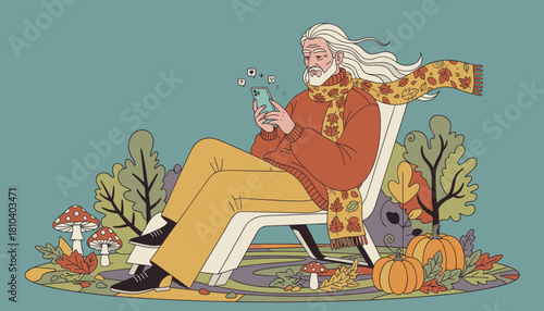 Stylish elderly man uses smartphone for social media while relaxing in an autumnal outdoor setting