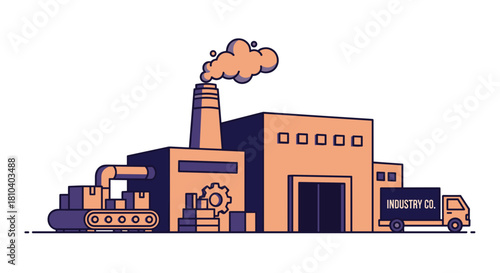 Modern factory building illustration with smokestack conveyor belt and logistics truck Industry concept