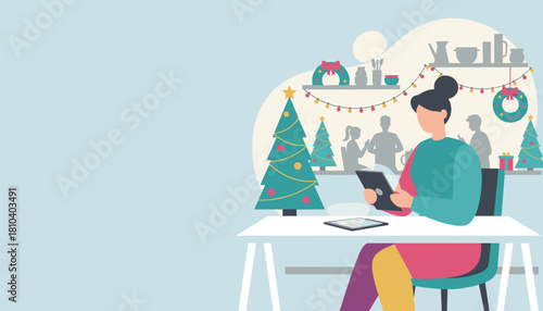 Woman using a digital tablet in a festive Christmasdecorated workspace or cafe