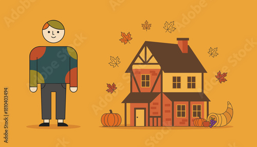 Autumn illustration with smiling person cozy home cornucopia and pumpkins Thanksgiving concept