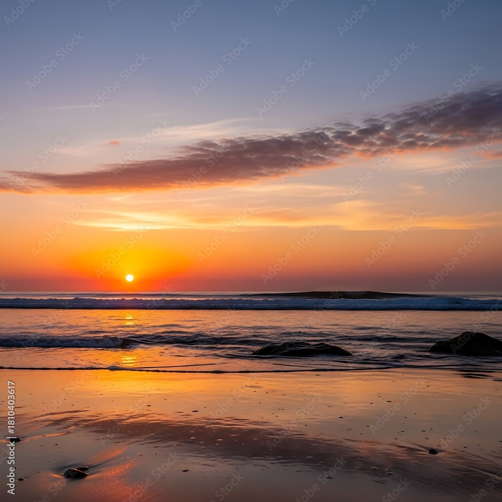 Obraz premium Golden Hour Serenity - A Coastal Sunset Reflection.