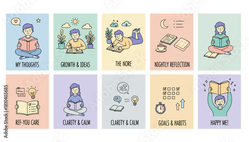 Set of icons for selfcare mental wellness reading journaling goal setting and personal reflection activities