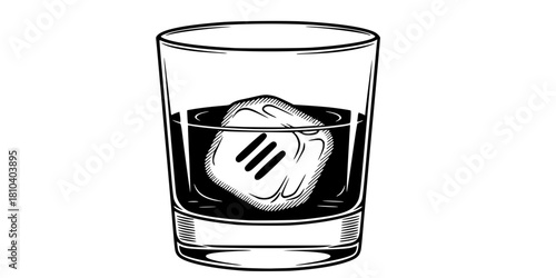 Old Fashioned Glass Large Ice Cube Flat Vector Illustration