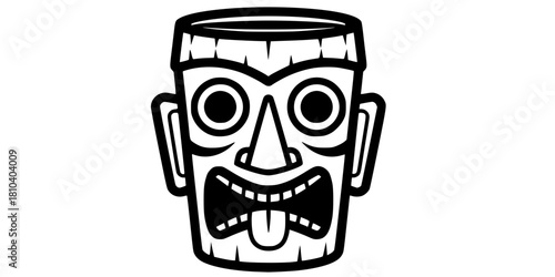 Tiki Cocktail Mug Carved Face Flat Vector Illustration