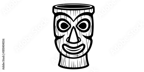 Tiki Cocktail Mug Carved Face Flat Vector Illustration