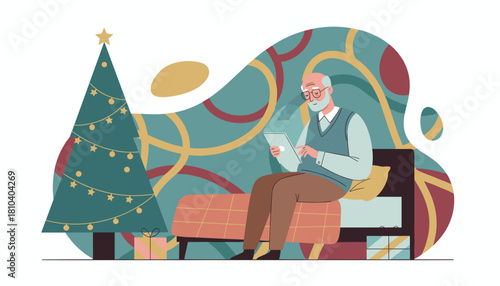 Elderly man uses a digital tablet by a Christmas tree enjoying technology during the festive season