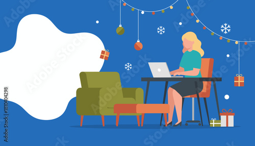 Remote worker using laptop during Christmas holidays with festive decor Copy space for text