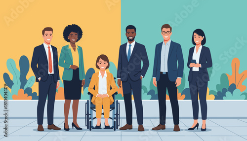 Diverse inclusive business team standing together smiling Workplace equality and professional cooperation