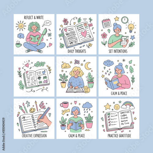 A compilation of cute doodles showing women practicing selfcare reflection journaling and gratitude for wellness